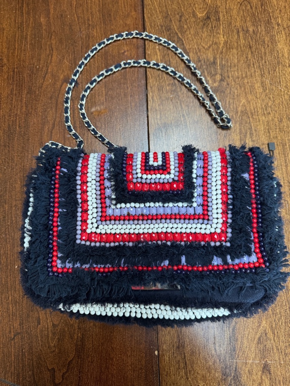 Zara Beaded Fringe Blue Red Chain Link Purse